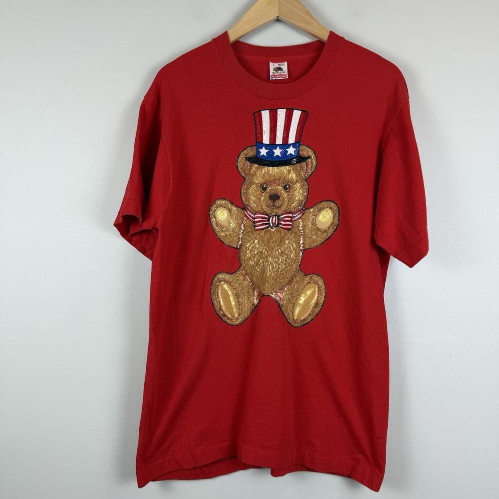 Vtg 90s Single Stitch Red T Shirt L American Flag Patriotic Teddy Bear USA Retro